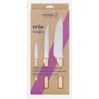 Coffret Opinel Trio Parallèle Couteaux Office, Cranté et Chef hêtre