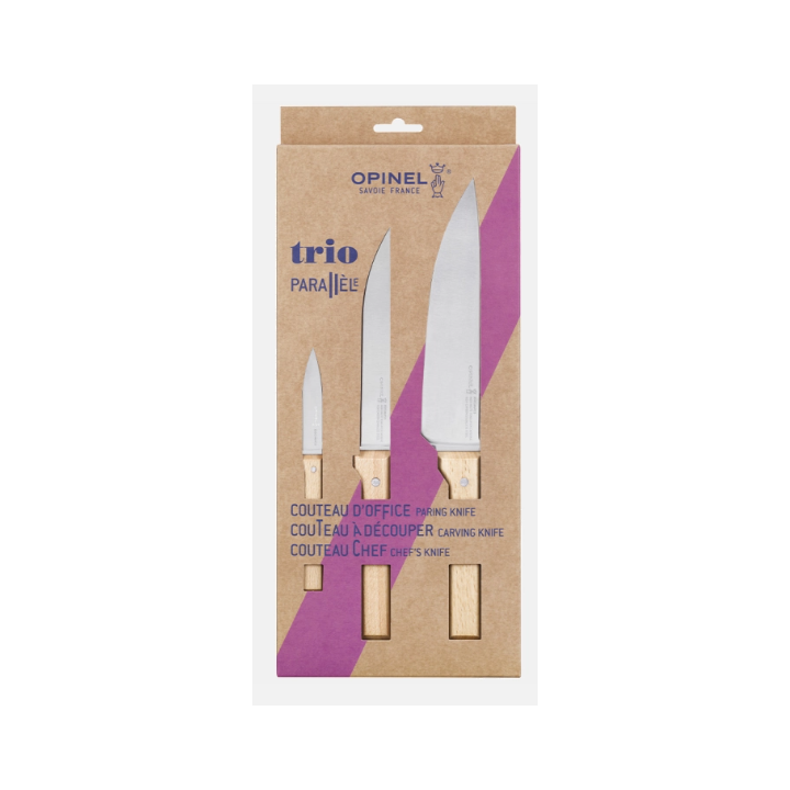 Coffret Opinel Trio Parallèle Couteaux Office, Cranté et Chef hêtre